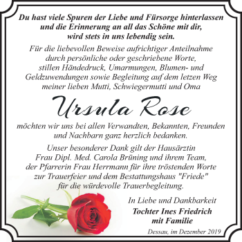 Traueranzeige von Ursula Rose von Super Sonntag Dessau-Roßlau