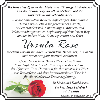 Traueranzeige von Ursula Rose von Mitteldeutsche Zeitung Dessau-Roßlau