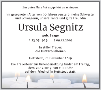 Traueranzeige von Ursula Segnitz von Wochenspiegel Mansfelder Land