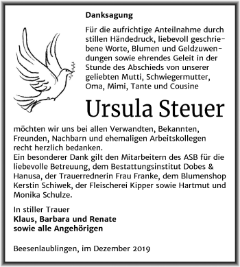 Traueranzeige von Ursula Steuer von Mitteldeutsche Zeitung Bernburg