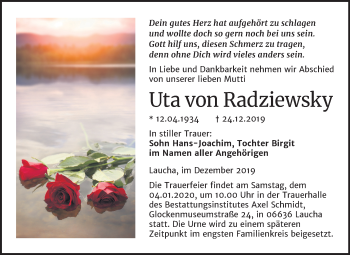 Traueranzeige von Uta von Radziewsky von Mitteldeutsche Zeitung Naumburg/Nebra