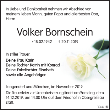 Traueranzeige von Volker Bornschein von Wochenspiegel Weißenfels