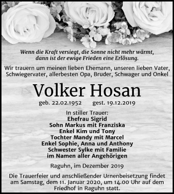 Traueranzeige von Volker Hosan von Mitteldeutsche Zeitung Bitterfeld
