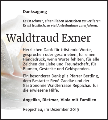Traueranzeige von Waldtraud Exner von Super Sonntag Köthen