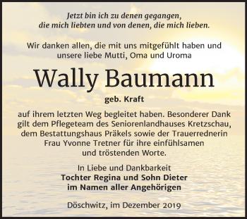 Traueranzeige von Wally Baumann von Super Sonntag Zeitz