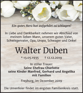 Traueranzeige von Walter Duben von Wochenspiegel Naumburg/Nebra