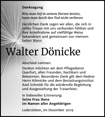 Traueranzeige von Walter Dönicke von Mitteldeutsche Zeitung Merseburg/Querfurt