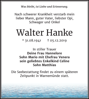 Traueranzeige von Walter Hanke von Mitteldeutsche Zeitung Halle/Saalkreis