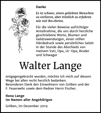 Traueranzeige von Walter Lange von Wochenspiegel Weißenfels