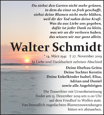 Traueranzeige von Walter Schmidt von Mitteldeutsche Zeitung Bitterfeld