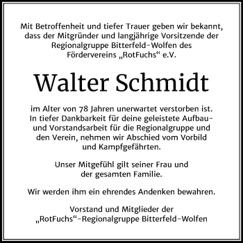 Traueranzeige von Walter Schmidt von Wochenspiegel Bitterfeld