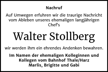 Traueranzeige von Walter Stollberg von Mitteldeutsche Zeitung Quedlinburg