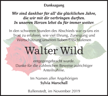 Traueranzeige von Walter Wild von Super Sonntag Quedlinburg