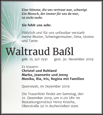 Traueranzeige von Waltraud Baßl von Wochenspiegel Mansfelder Land