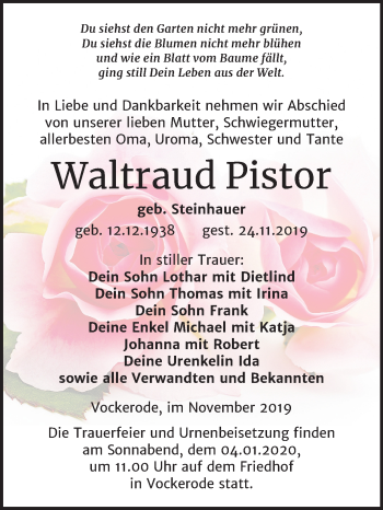 Traueranzeige von Waltraud Pistor von Mitteldeutsche Zeitung Wittenberg