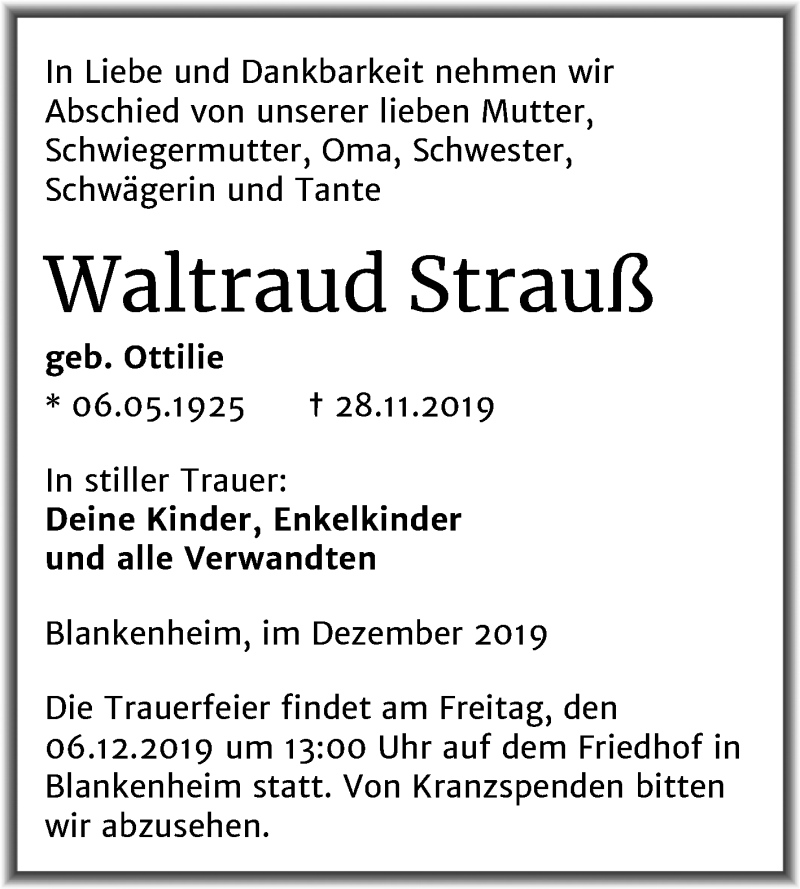  Traueranzeige für Waltraud Strauß vom 03.12.2019 aus Mitteldeutsche Zeitung Sangerhausen