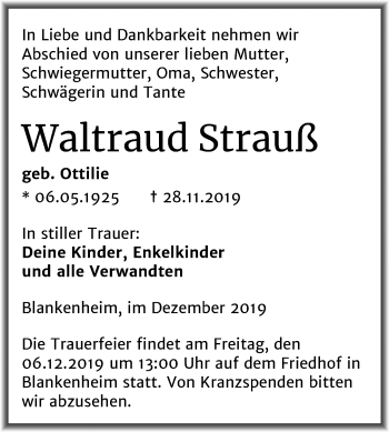Traueranzeige von Waltraud Strauß von Mitteldeutsche Zeitung Sangerhausen