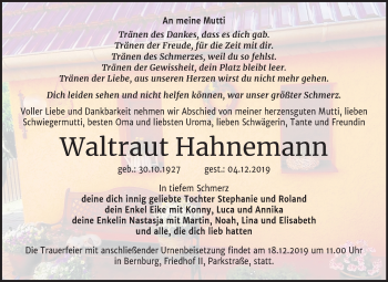 Traueranzeige von Waltraut Hahnemann von Super Sonntag Bernburg