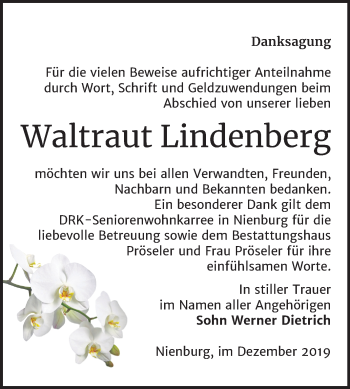 Traueranzeige von Waltraut Lindenberg von Super Sonntag Bernburg
