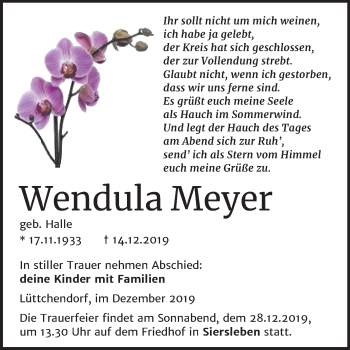 Traueranzeige von Wendula Meyer von Mitteldeutsche Zeitung Mansfelder Land