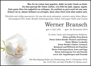Traueranzeige von Werner Bransch von Mitteldeutsche Zeitung Naumburg/Nebra