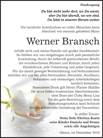 Traueranzeige von Werner Bransch von Wochenspiegel Naumburg/Nebra