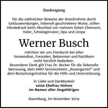 Traueranzeige von Werner Busch von Wochenspiegel Naumburg/Nebra