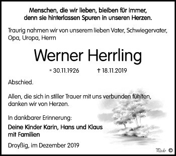 Traueranzeige von Werner Herrling von Super Sonntag Zeitz