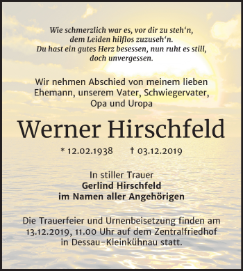 Traueranzeige von Werner Hirschfeld von Super Sonntag Dessau-Roßlau