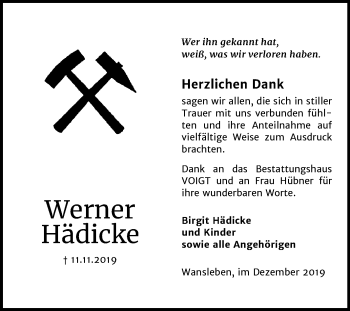 Traueranzeige von Werner Hädicke von Super Sonntag Mansfelder Land