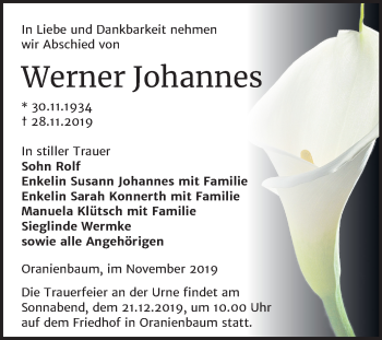 Traueranzeige von Werner Johannes von Mitteldeutsche Zeitung Wittenberg