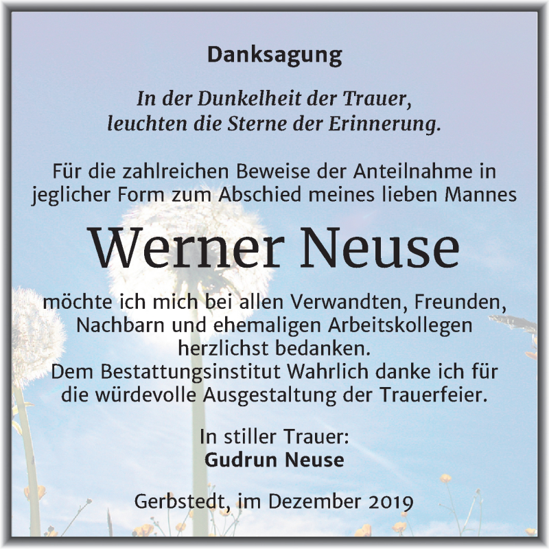 Traueranzeigen von Werner Neuse www.abschiednehmen.de