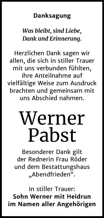 Traueranzeige von Werner Pabst von Mitteldeutsche Zeitung Merseburg/Querfurt