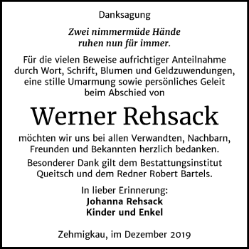 Traueranzeige von Werner Rehsack von Mitteldeutsche Zeitung Köthen