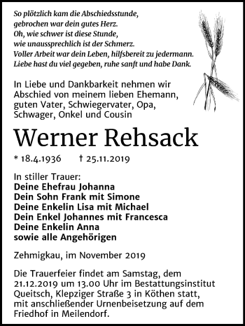 Traueranzeige von Werner Rehsack von Super Sonntag Köthen
