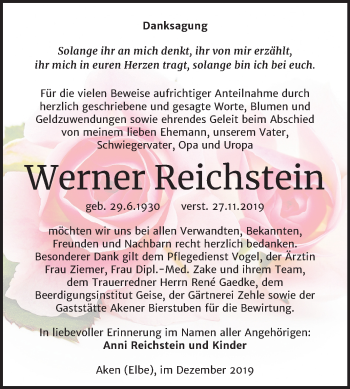 Traueranzeige von Werner Reichstein von Super Sonntag Köthen