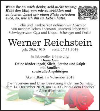 Traueranzeige von Werner Reichstein von Super Sonntag Köthen