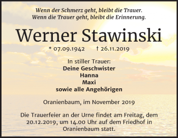 Traueranzeige von Werner Stawinski von Mitteldeutsche Zeitung Wittenberg