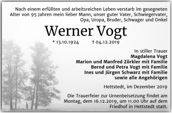 Traueranzeige von Werner Vogt von Mitteldeutsche Zeitung Mansfelder Land