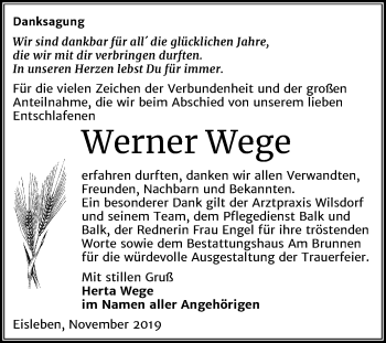 Traueranzeige von Werner Wege von Super Sonntag Mansfelder Land