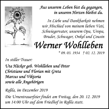 Traueranzeige von Werner Wohlleben von Mitteldeutsche Zeitung Sangerhausen