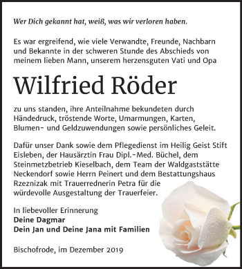 Traueranzeige von Wilfried Röder von Mitteldeutsche Zeitung Mansfelder Land