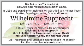 Traueranzeige von Wilhelmine Rupprecht von Mitteldeutsche Zeitung Mansfelder Land