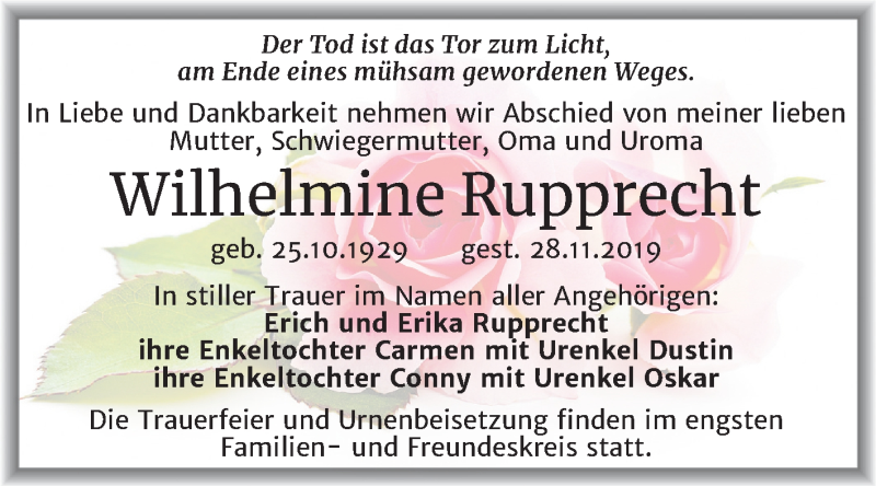  Traueranzeige für Wilhelmine Rupprecht vom 11.12.2019 aus Wochenspiegel Mansfelder Land