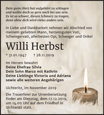 Traueranzeige von Willi Herbst von Mitteldeutsche Zeitung Weißenfels