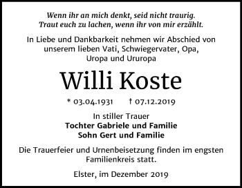 Traueranzeige von Willi Koste von Super Sonntag Wittenberg