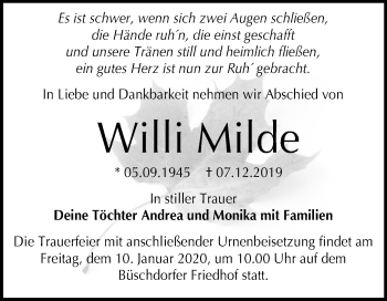 Traueranzeige von Willi Milde von Mitteldeutsche Zeitung Halle/Saalkreis