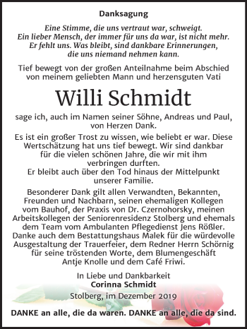 Traueranzeige von Willi Schmidt von Super Sonntag Sangerhausen