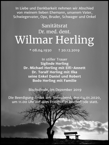 Traueranzeige von Wilmar Herling von Mitteldeutsche Zeitung Mansfelder Land