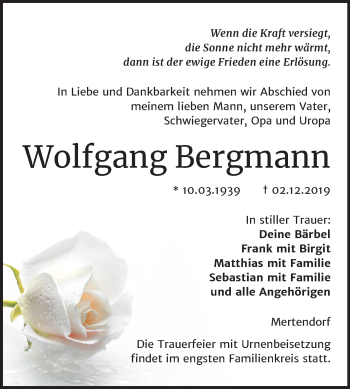 Traueranzeige von Wolfgang Bergmann von Wochenspiegel Naumburg/Nebra
